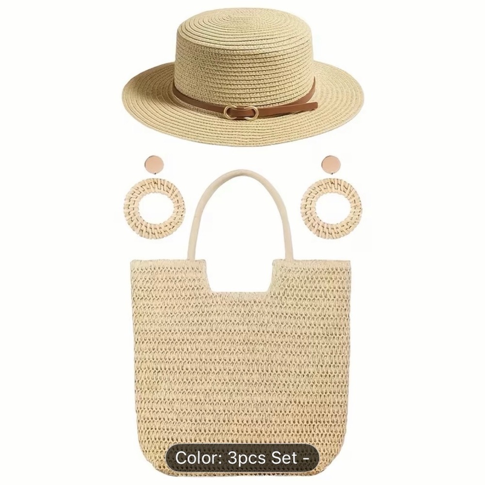 3-Piece Straw Hat, Tote & Woven Earrings Set - Natural Beige